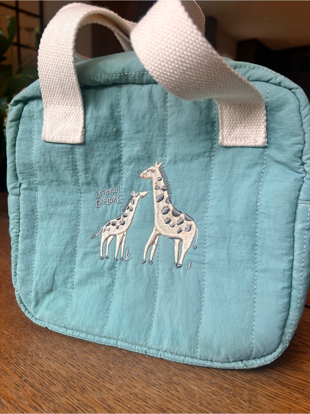 Mango kids Aqua Green Quilted Kids Insulated Tote bag with Embroidered Giraff